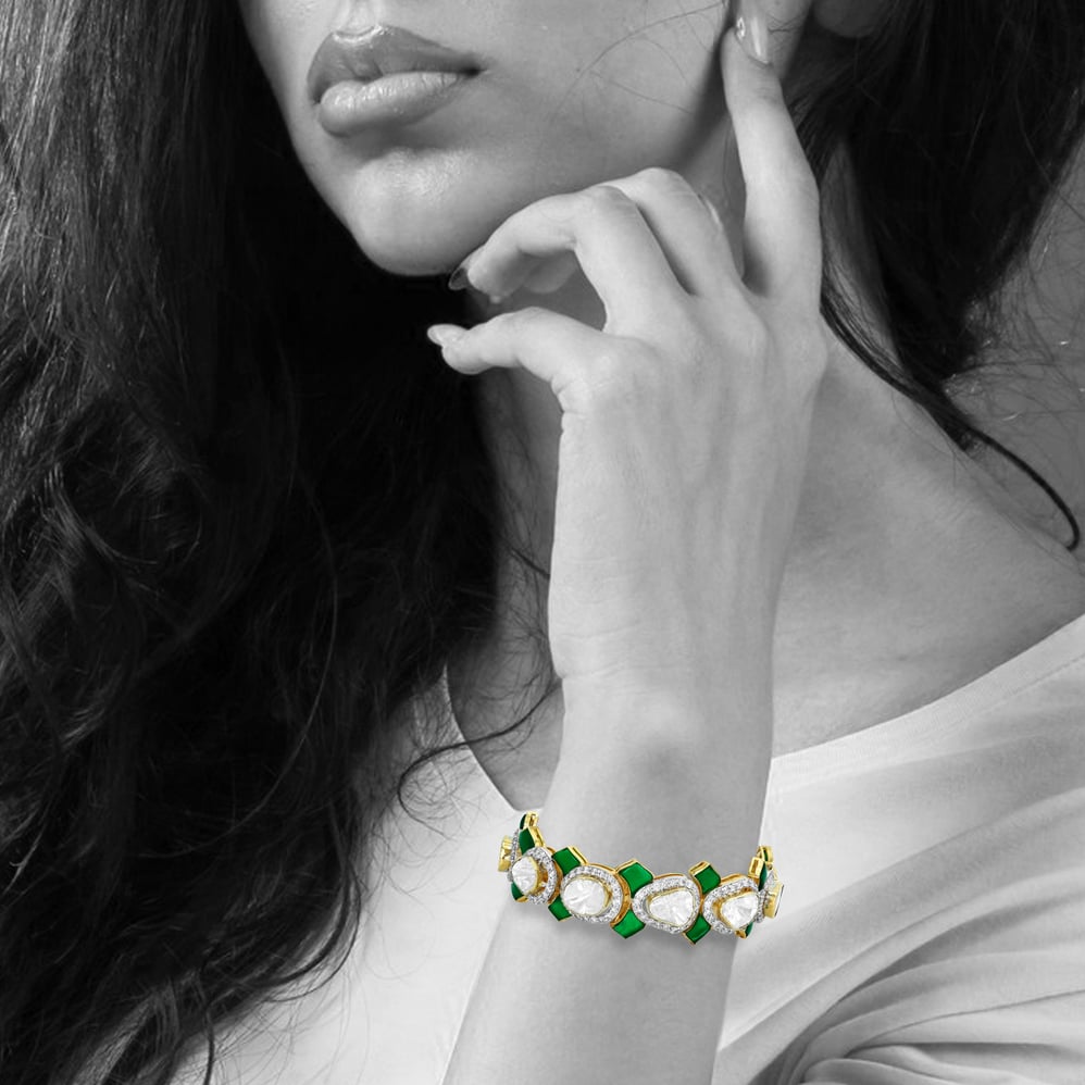 Polki and Green Stone Bracelet with Full-Cut Diamond Frames